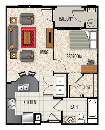 Floor plan for 1 bed, 1 bath, 657 sqft