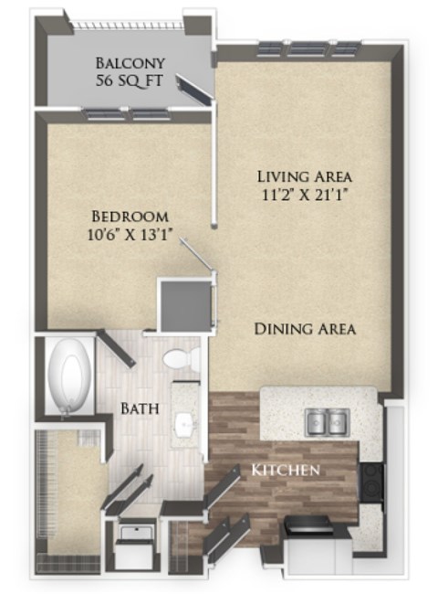 Floor plan for 1 bed, 1 bath, 682 sqft