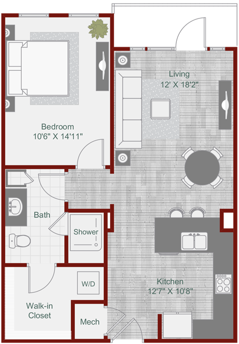 Floor plan for 1 bed, 1 bath, 732 sqft