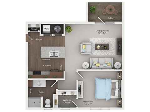 Floor plan for 1 bed, 1 bath, 748 sqft