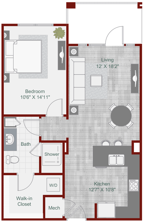 Floor plan for 1 bed, 1 bath, 732 sqft