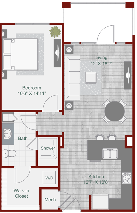 Floor plan for 1 bed, 1 bath, 732 sqft