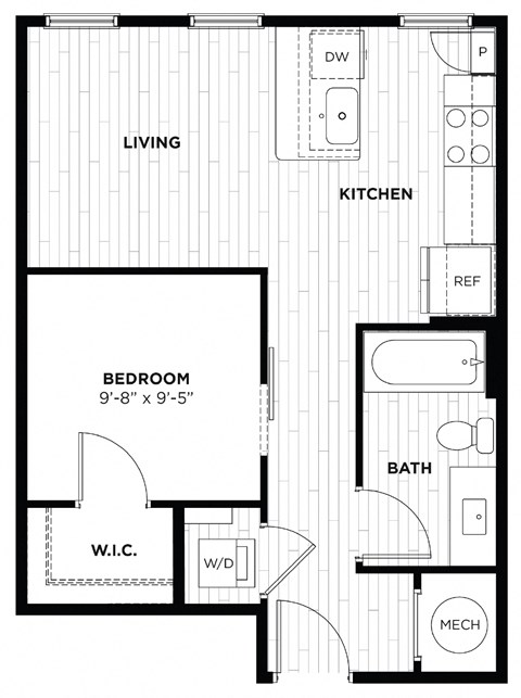 Floor plan for 1 bed, 1 bath, 536 sqft