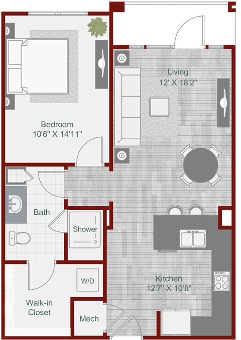 Floor plan for 1 bed, 1 bath, 732 sqft