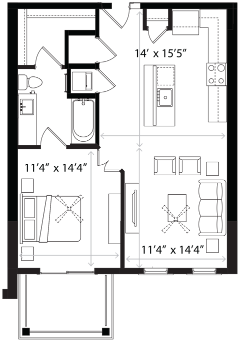 Floor plan for 1 bed, 1 bath, 770 sqft