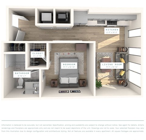Floor plan for 1 bed, 1 bath, 569 sqft
