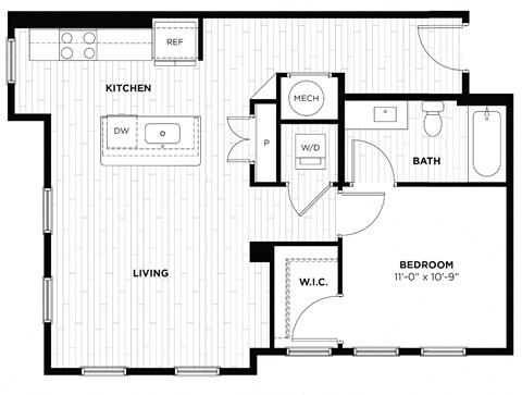Floor plan for 1 bed, 1 bath, 745 sqft