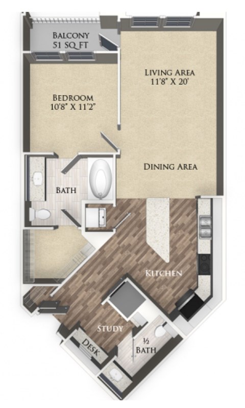 Floor plan for 1 bed, 1 bath, 799 sqft