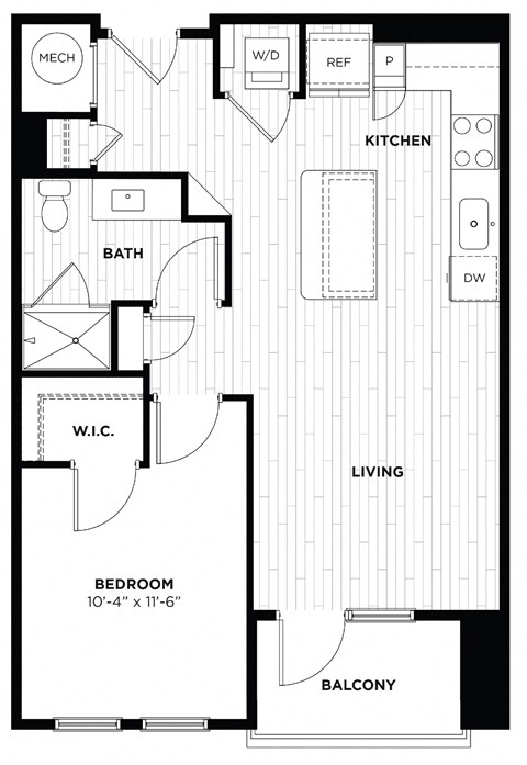 Floor plan for 1 bed, 1 bath, 699 sqft