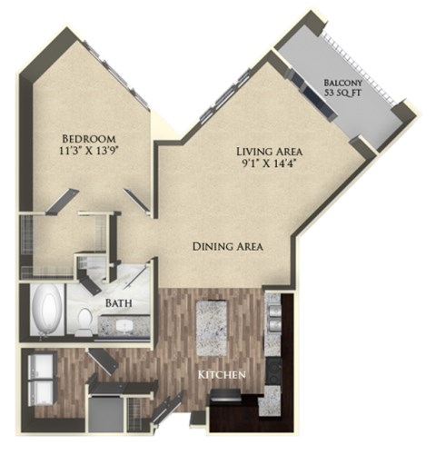 Floor plan for 1 bed, 1 bath, 805 sqft