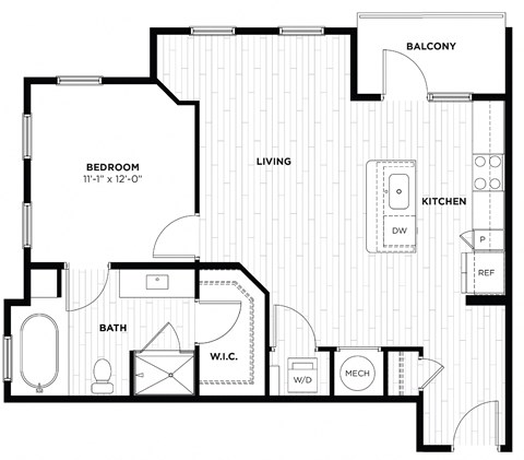Floor plan for 1 bed, 1 bath, 780 sqft