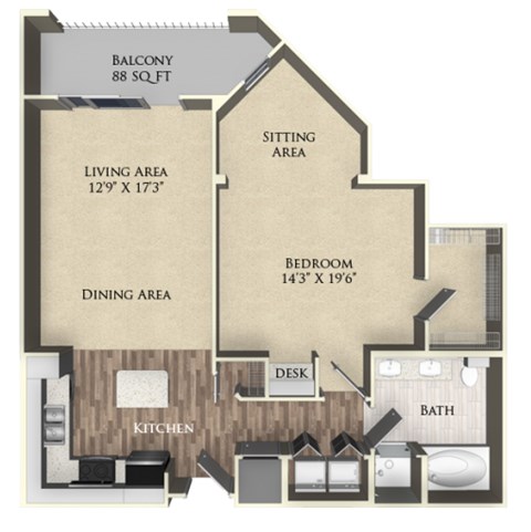Floor plan for 1 bed, 1 bath, 880 sqft