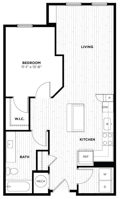 Floor plan for 1 bed, 1 bath, 783 sqft