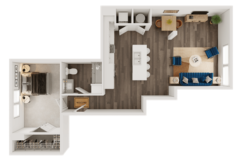 Floor plan for 1 bed, 1 bath, 891 sqft