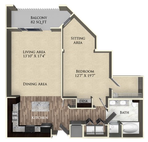 Floor plan for 1 bed, 1 bath, 887 sqft