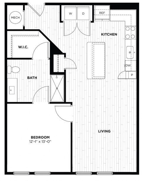 Floor plan for 1 bed, 1 bath, 831 sqft