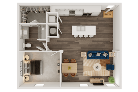 Floor plan for 1 bed, 1 bath, 906 sqft