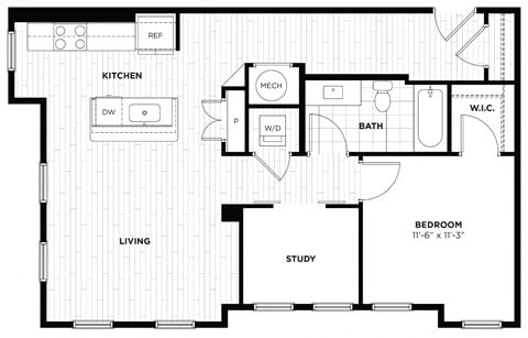 Floor plan for 1 bed, 1 bath, 843 sqft