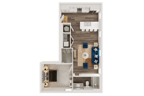 Floor plan for 1 bed, 1 bath, 677 sqft