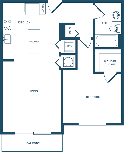 Floor plan for 1 bed, 1 bath, 760 sqft