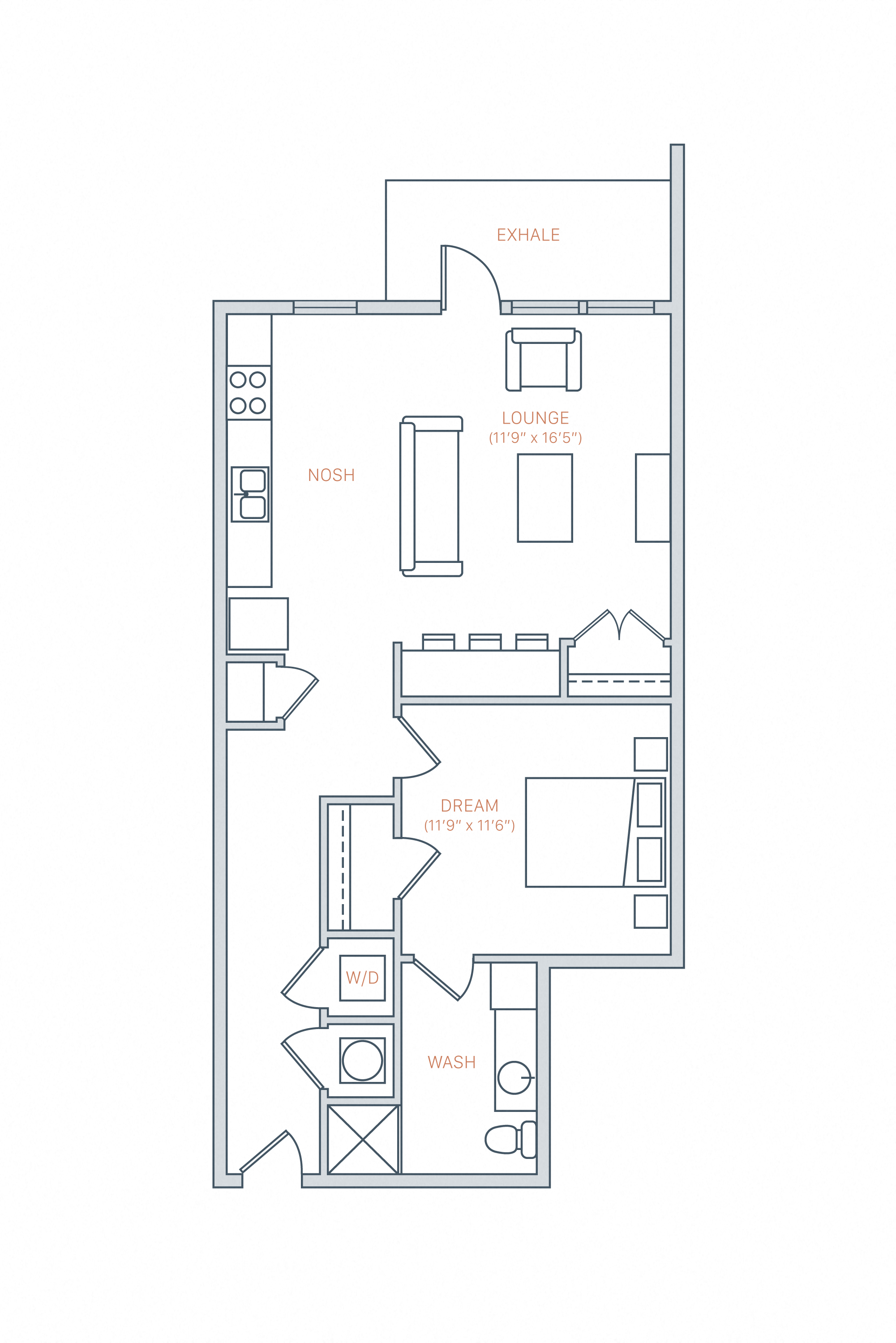 Floor plan for 1 bed, 1 bath, 730 sqft