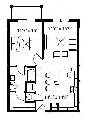 Floor plan for 1 bed, 1 bath, 759 sqft