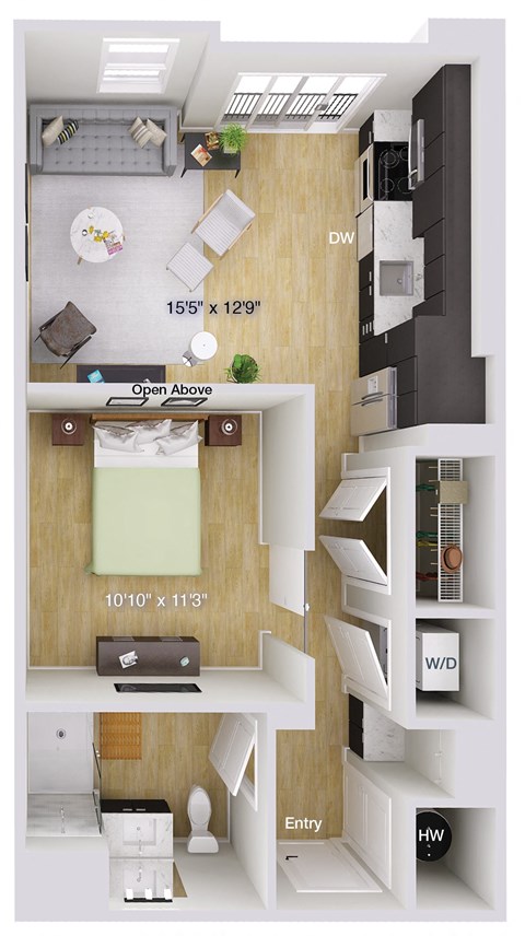 Floor plan for 1 bed, 1 bath, 615 sqft