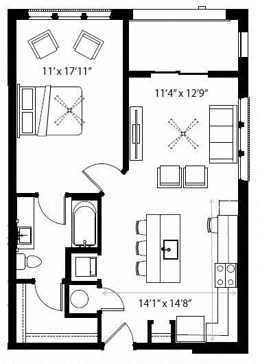 Floor plan for 1 bed, 1 bath, 758 sqft