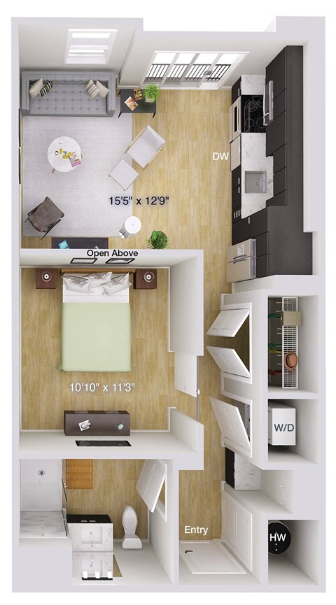 Floor plan for 1 bed, 1 bath, 615 sqft