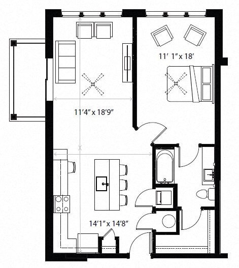 Floor plan for 1 bed, 1 bath, 825 sqft