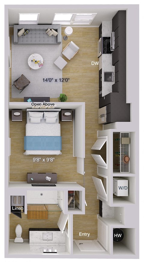 Floor plan for 1 bed, 1 bath, 616 sqft
