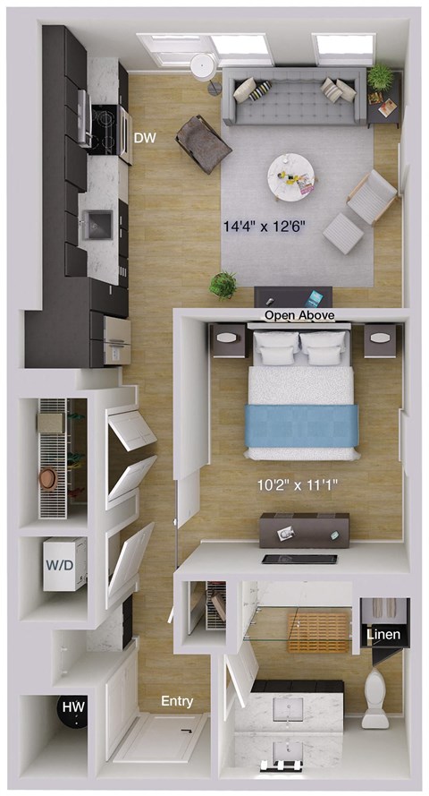Floor plan for 1 bed, 1 bath, 617 sqft