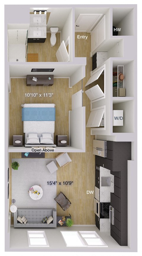 Floor plan for 1 bed, 1 bath, 624 sqft