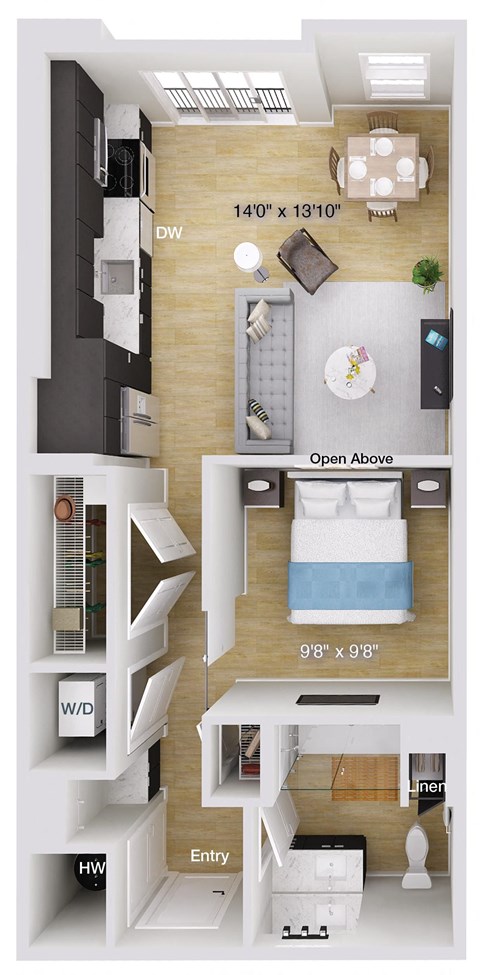 Floor plan for 1 bed, 1 bath, 641 sqft