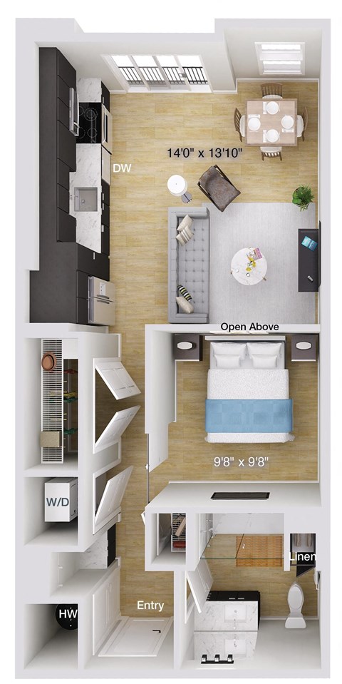 Floor plan for 1 bed, 1 bath, 641 sqft