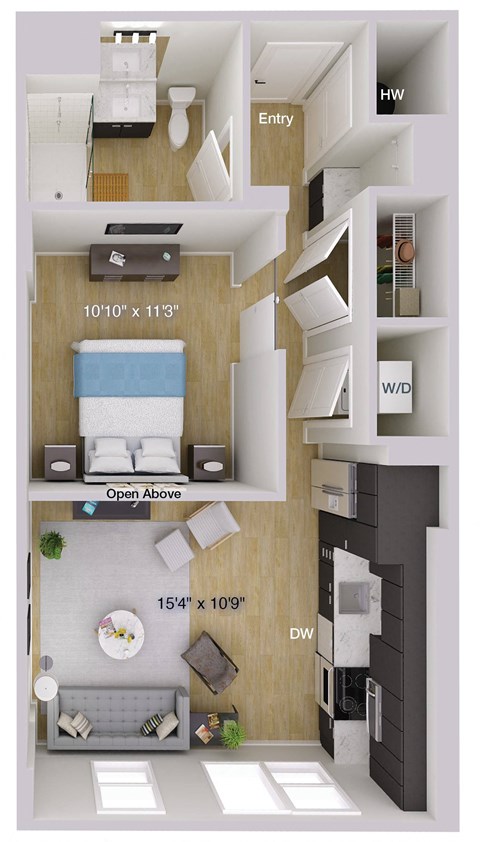 Floor plan for 1 bed, 1 bath, 641 sqft