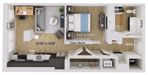 Floor plan for 1 bed, 1 bath, 648 sqft