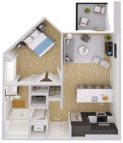 Floor plan for 1 bed, 1 bath, 718 sqft