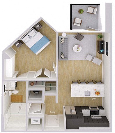 Floor plan for 1 bed, 1 bath, 718 sqft