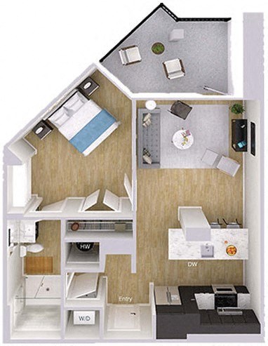 Floor plan for 1 bed, 1 bath, 718 sqft