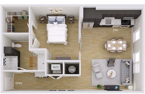 Floor plan for 1 bed, 1 bath, 757 sqft