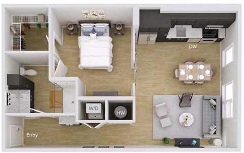 Floor plan for 1 bed, 1 bath, 757 sqft