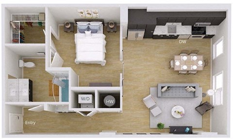 Floor plan for 1 bed, 1 bath, 802 sqft