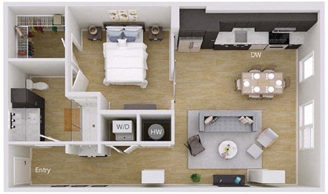 Floor plan for 1 bed, 1 bath, 802 sqft