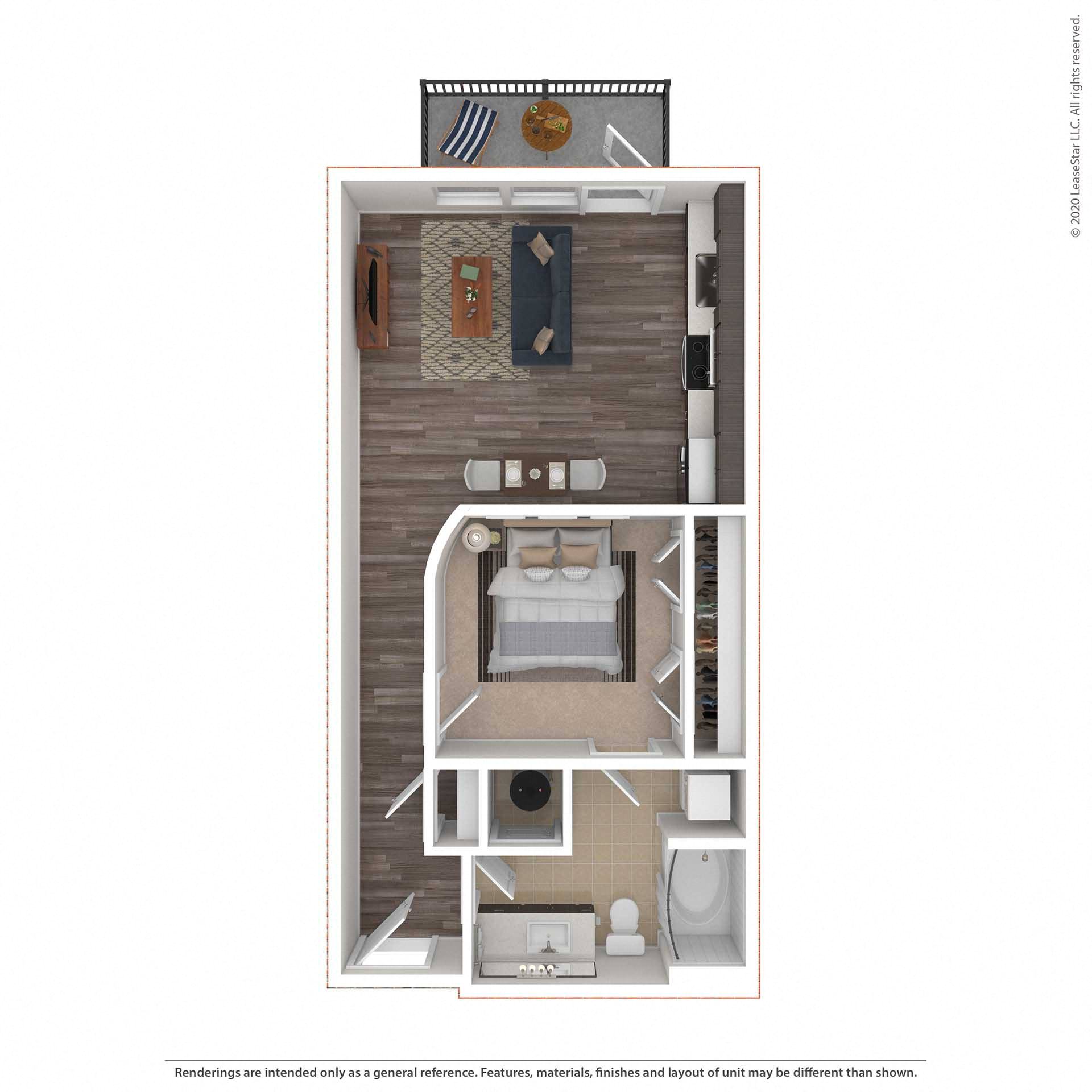 Floor plan for 1 bed, 1 bath, 634 sqft
