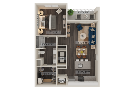 Floor plan for 1 bed, 1 bath, 860 sqft