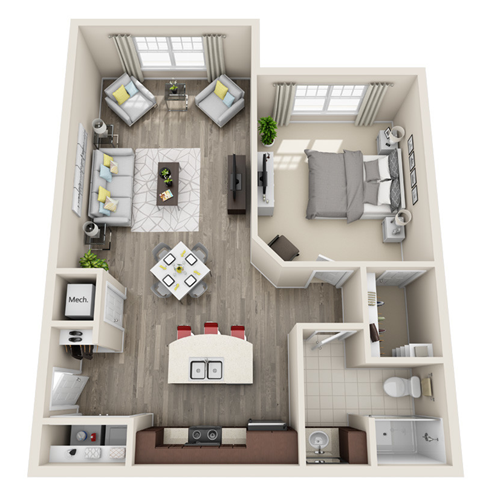 Floor plan for 1 bed, 1 bath, 848 sqft