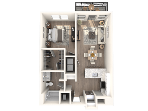 Floor plan for 1 bed, 1 bath, 748 sqft