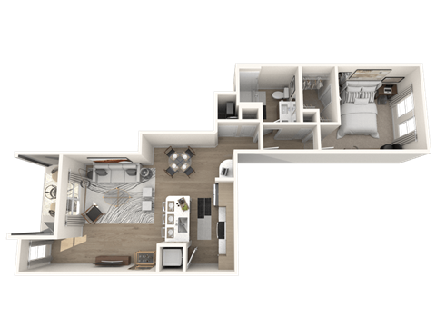 Floor plan for 1 bed, 1 bath, 834 sqft