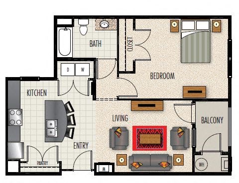 Floor plan for 1 bed, 1 bath, 756 sqft